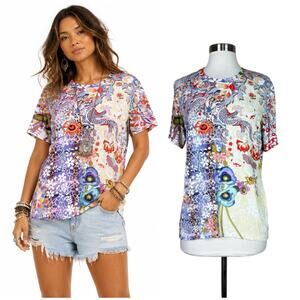 Johnny Was | Dragon Floral Mixed Print Short Sleeve Jersey Tee Multicolor Top XS